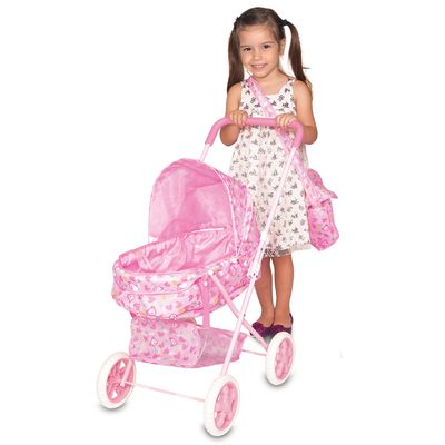 Menina-e-Carrinho-de-Boneca-com-Bolsa-Tira-Colo-Coracoes-e-Ursinhos-Fenix