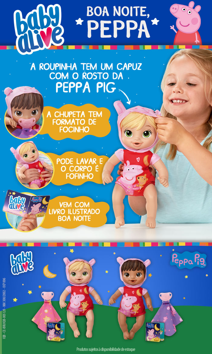 Boneca Baby Alive Boa Noite Peppa Pig Roupa De Dormir Morena