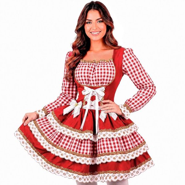 Vestido Festa Junina Adulto Feminino Xadrez Manga Longa de Luxo Ajustável GG / Vermelho