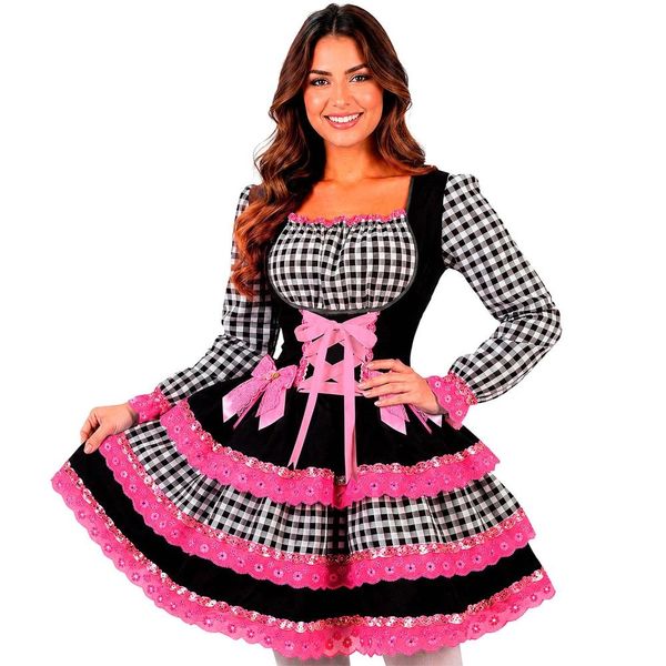 Vestido Festa Junina Adulto Feminino Xadrez Manga Longa de Luxo Ajustável P / Rosa