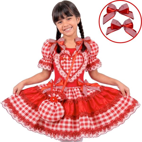 Vestido Festa Junina Infantil pra Menina Xadrez Vermelho de Luxo Com Laços e Bolsa GG / Vermelho