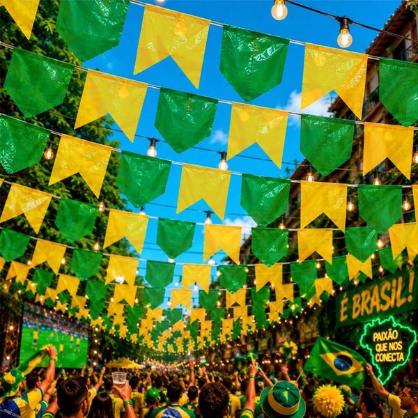 Varal 210 Bandeirinhas Plástico Verde Amarelo 100 Metros Brasil Copa do Mundo Festa Junina Decoração