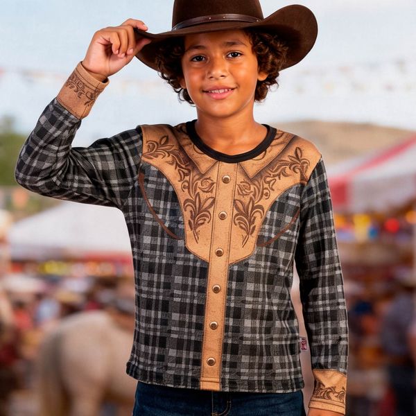 Camisa Festa Junina Infantil para Menino Roupa Country Manga Longa Xadrez G / Marrom