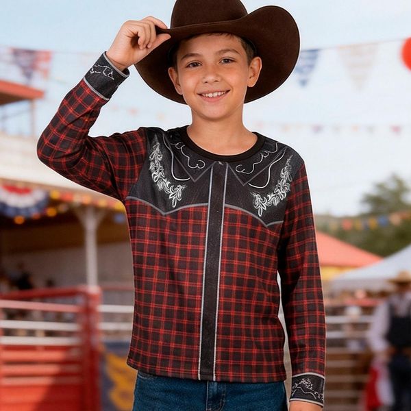 Camisa Festa Junina Infantil para Menino Roupa Country Manga Longa Xadrez M / Preto