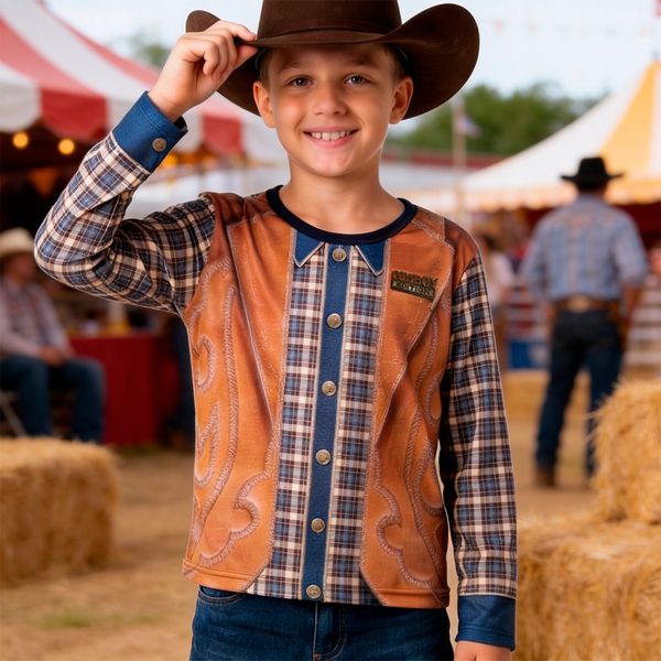 Camisa Festa Junina Infantil para Menino Roupa Country Manga Longa Xadrez P / Azul