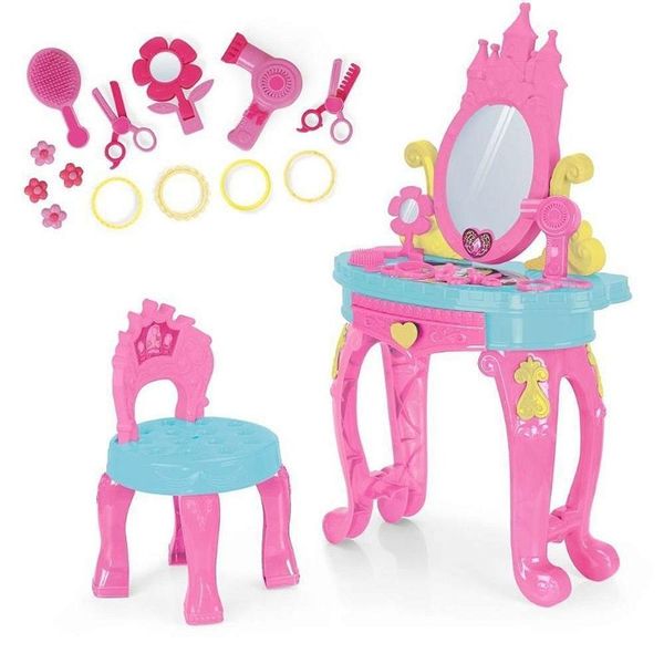 Penteadeira Infantil de Princesa com Banco e Espelho Rosa Homeplay