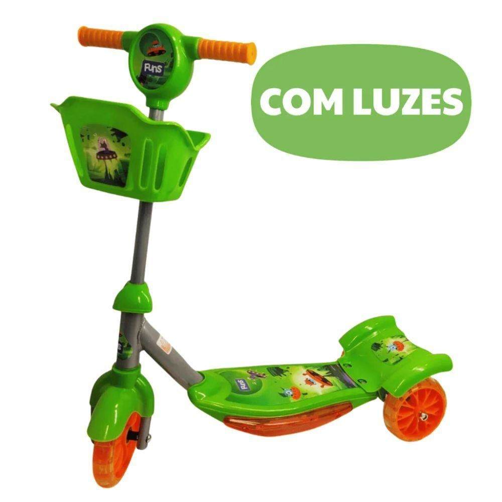 Patinete Infantil 3 Rodas 2 em 1 Luz LED Cesto Música
