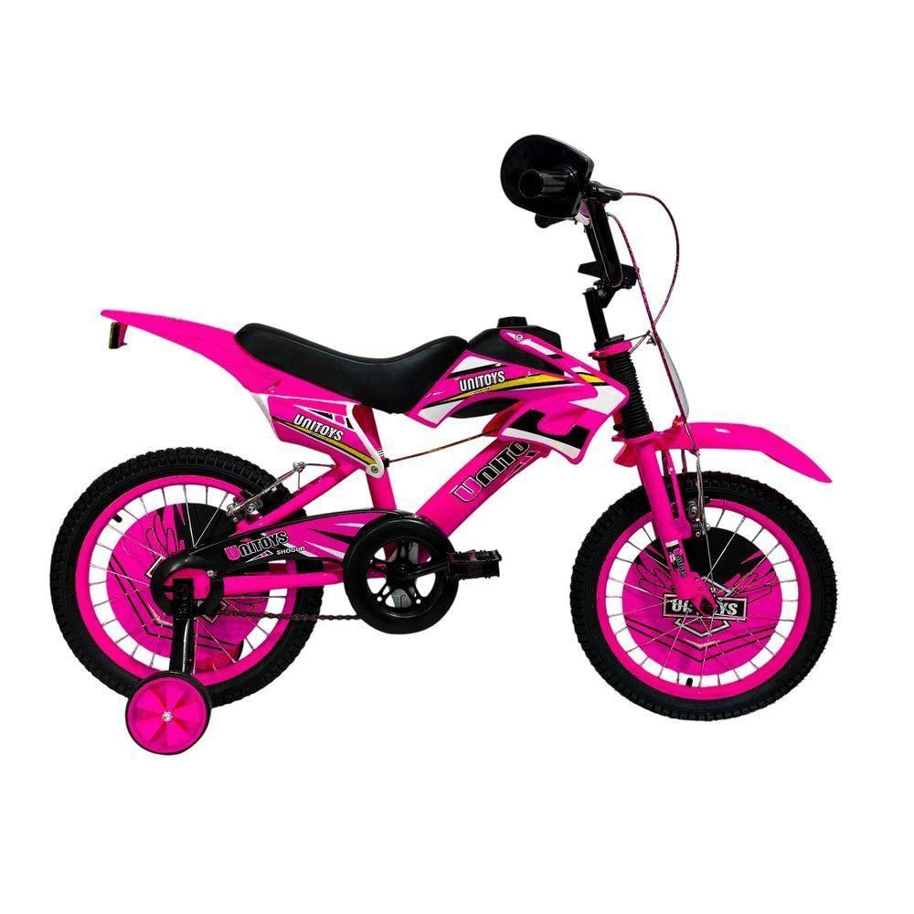 Bicicleta Infantil Moto Cross Aro 16 V-Brake com Rodinhas Rosa Unitoys