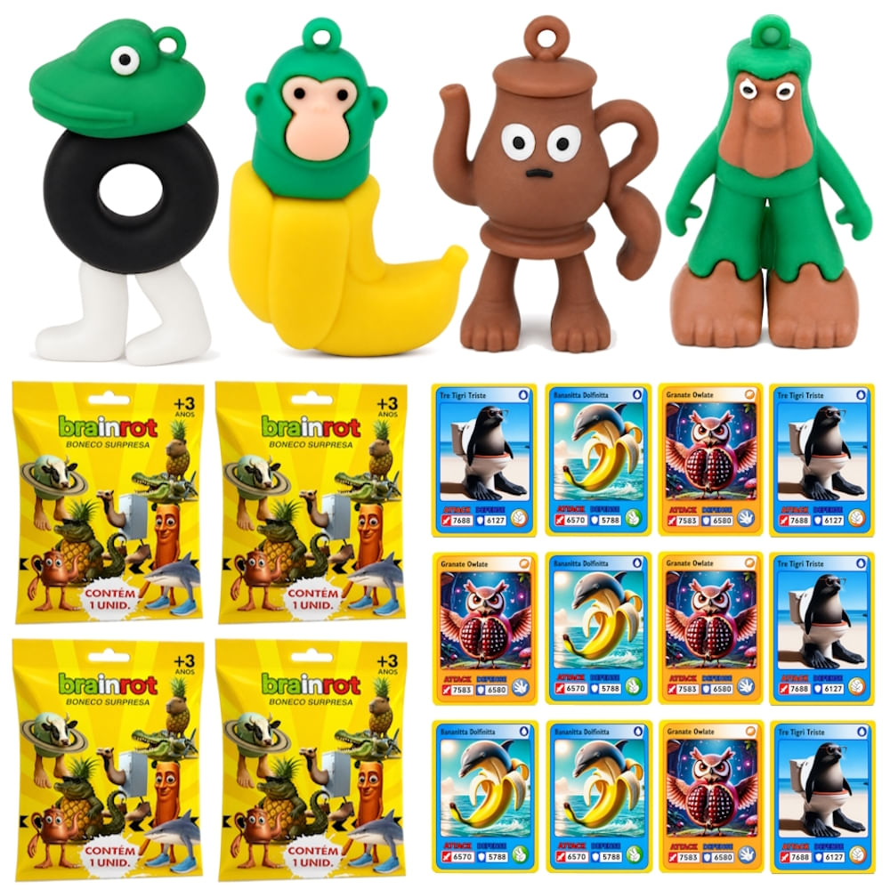 4 Bonecos Surpresa Brainrot com Cards Colecionáveis Sortidos Brinquedo Infantil