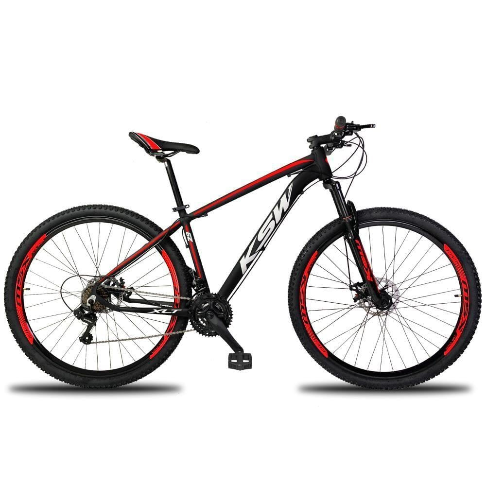 Bicicleta Aro 29 Ksw 21v Com Suspensão E Freios A Disco - Preto-vermelho E Branco - 21"