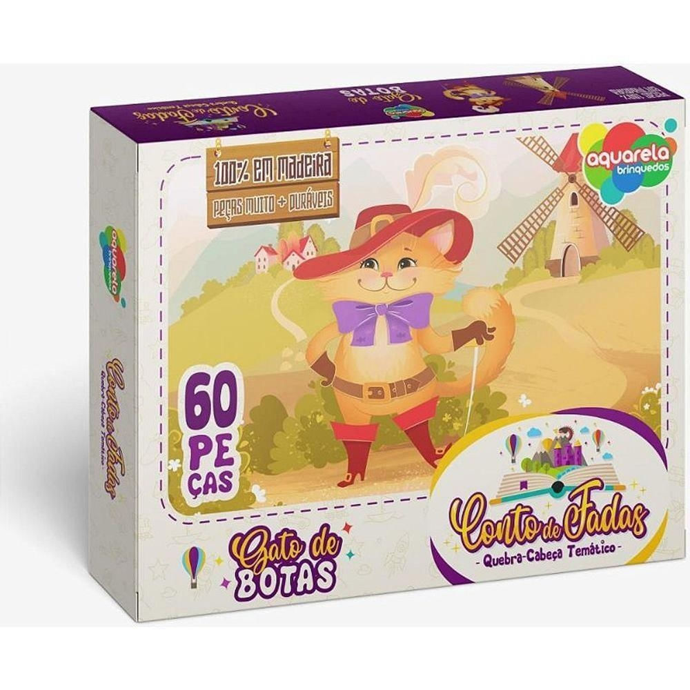 Quebra-cabeça de Madeira Gato de Botas 60 Peças Aquarela Brinquedos