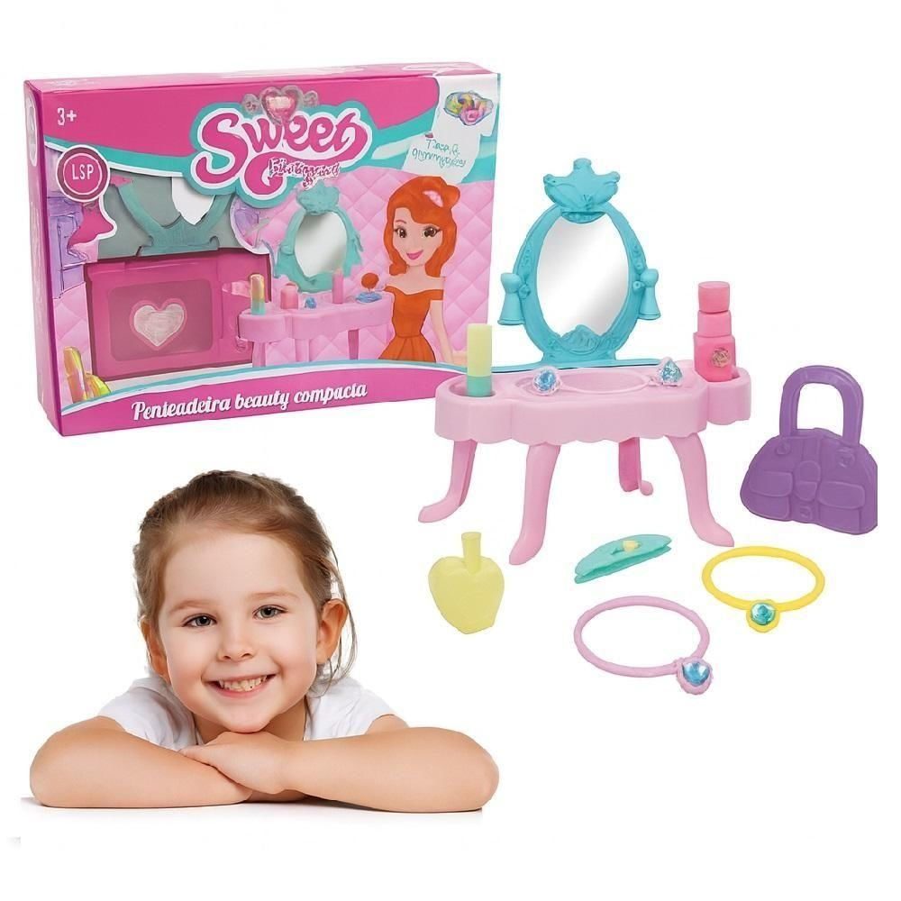 Kit Penteadeira Infantil Princesa com Espelho e Acessórios Rosa Yeet
