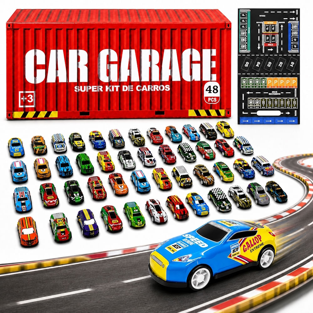 Container de Carrinhos 48 Carros à Fricção Ferro Maleta Vira 2 Pistas Garagem