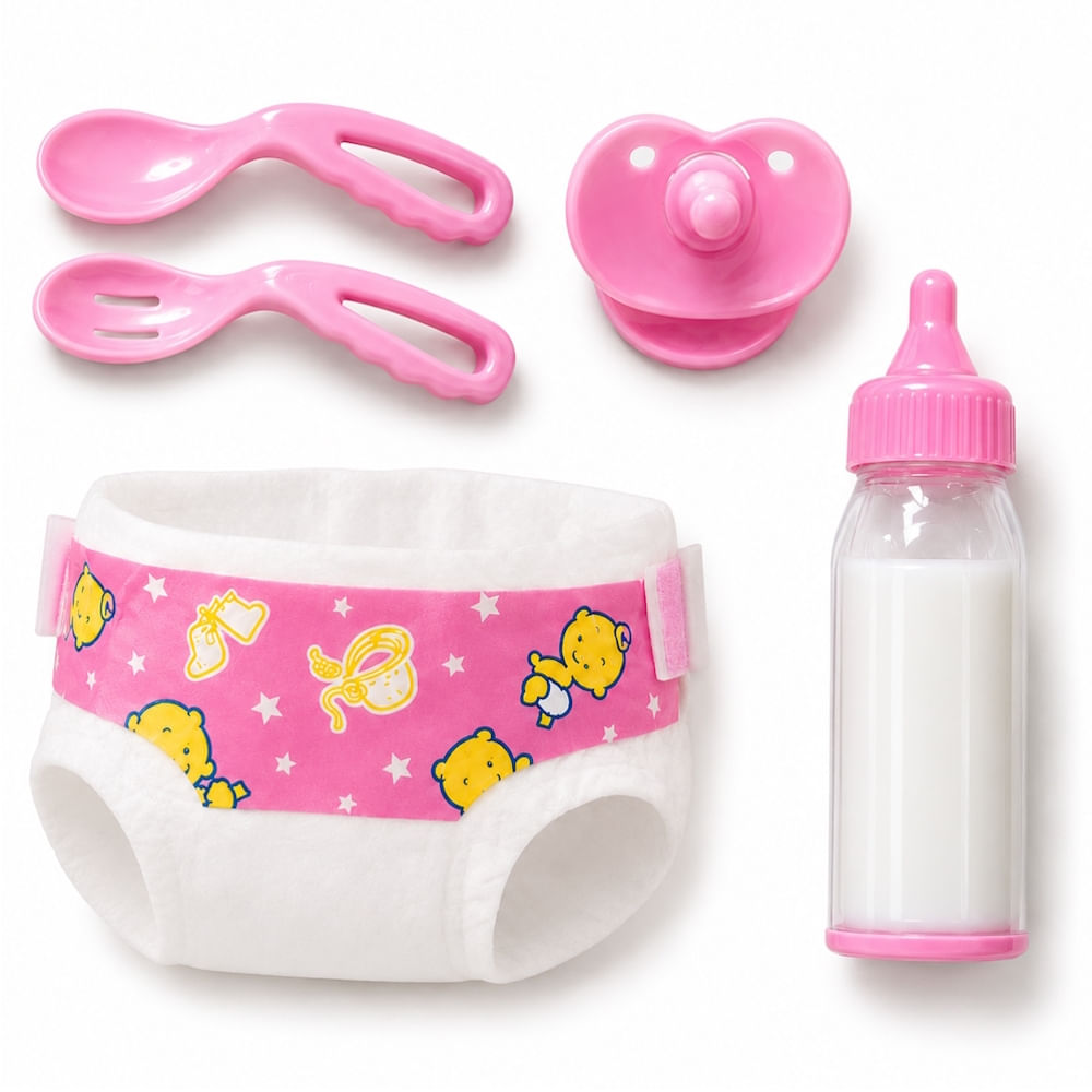 5 Itens para Bonecas Fraldinha Mamadeira Chupeta Colher e Garfo de Brinquedo