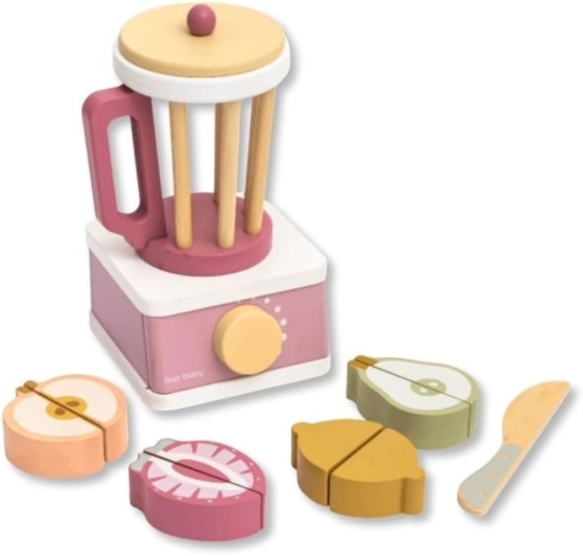 Brinquedo De Madeira Kit Liquidificador Com Frutas e Corte Rosa Bup Baby