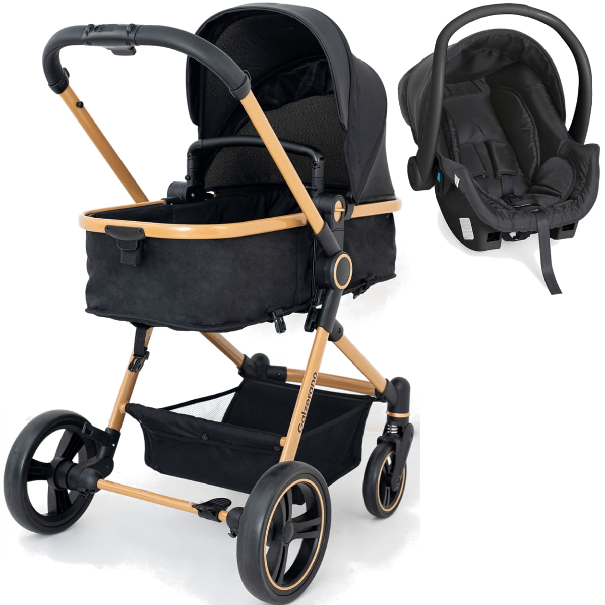 Carrinho de Bebe Moises com Bebe Cocoon Preto Galzerano Ivy G22 Gold