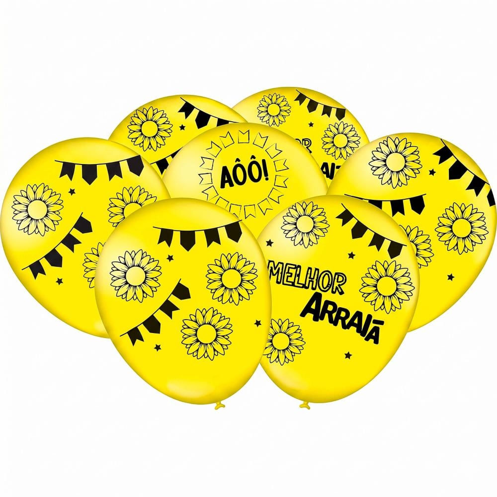 Kit 25 Balões Festa Junina Girassol Amarelo Bexiga 9 Polegadas Toda Estampada Decoração São João Aniversário