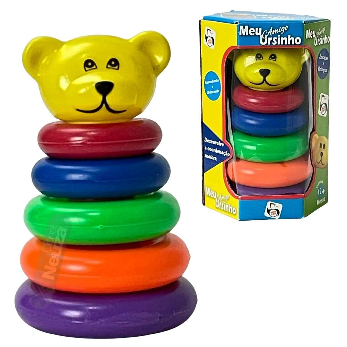 Jogo De Argolas Ursinho Para Bebês +1 Ano 12 Meses Didático Empilhar Coordenação Educativo Pedagógico Presente