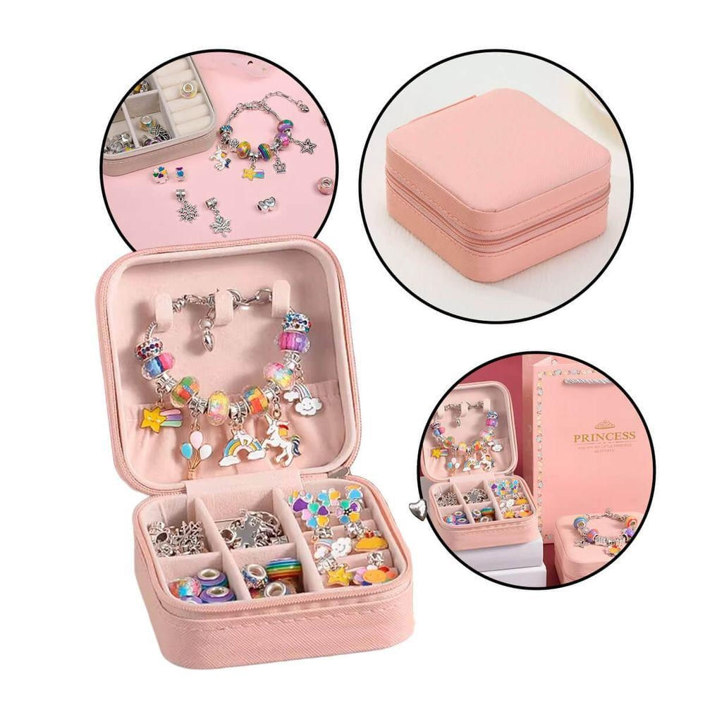 Kit Pulseira Bijuterias Infantil Miçangas e Berloques 66 Peças Rosa