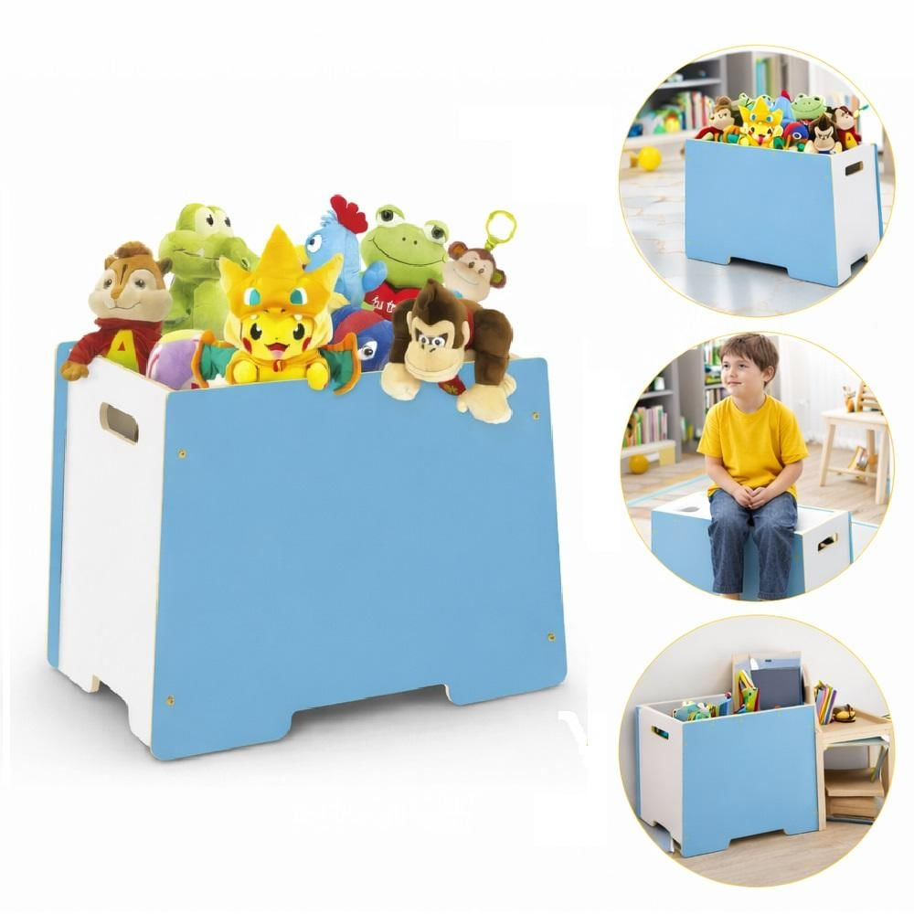 BAU ORGANIZADOR BRINQUEDOS MADEIRA 2 EM 1 BANQUINHO ESTANTE CAIXA 70 LITROS PORTA TRECO DESMONTAVEL AZUL