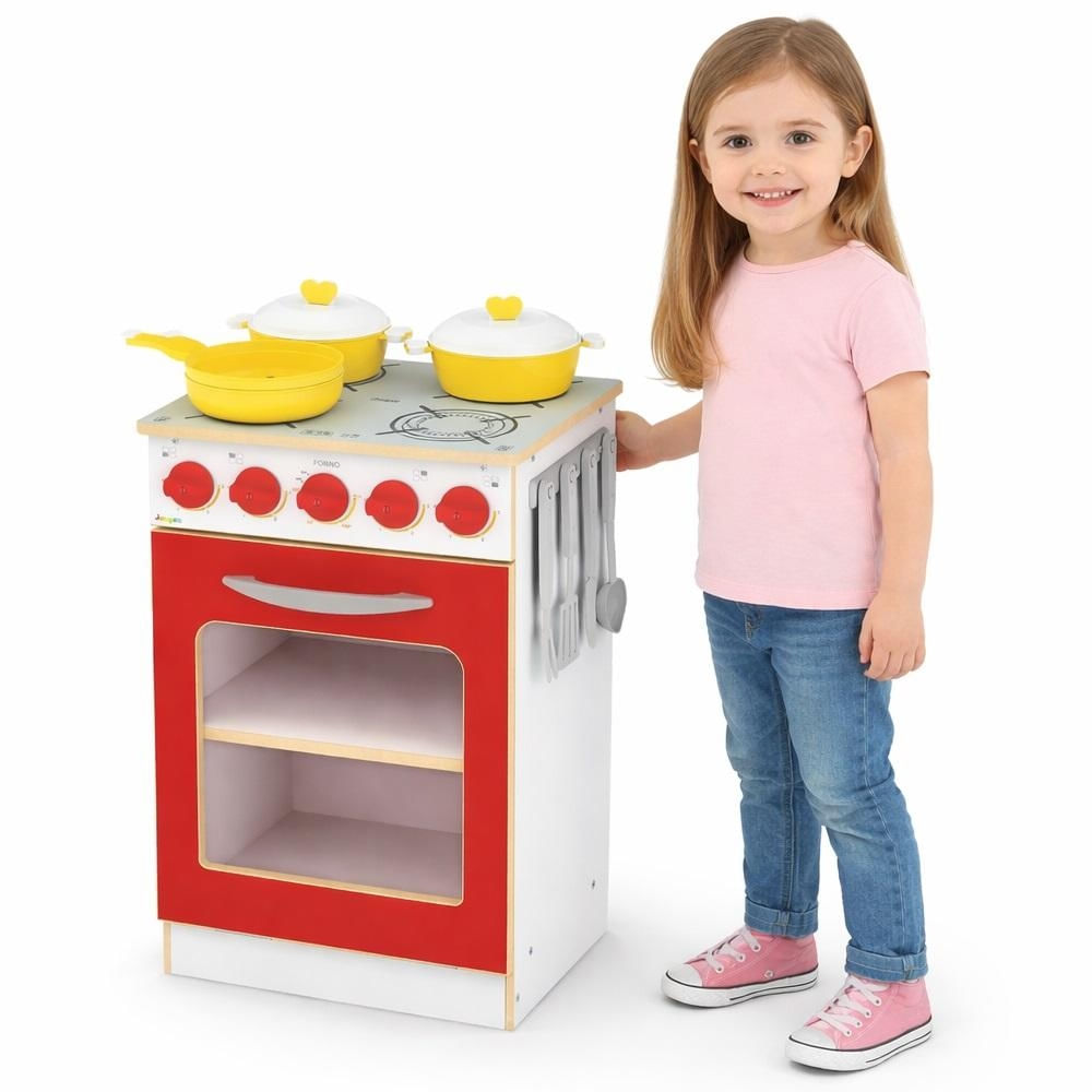 FOGAO INFANTIL MADEIRA FORNO GRANDE COZINHA BRINQUEDO MDF SUPER CHEF KIT COMPLETO PANELAS TALHERES CLASSICA VERMELHO LUX
