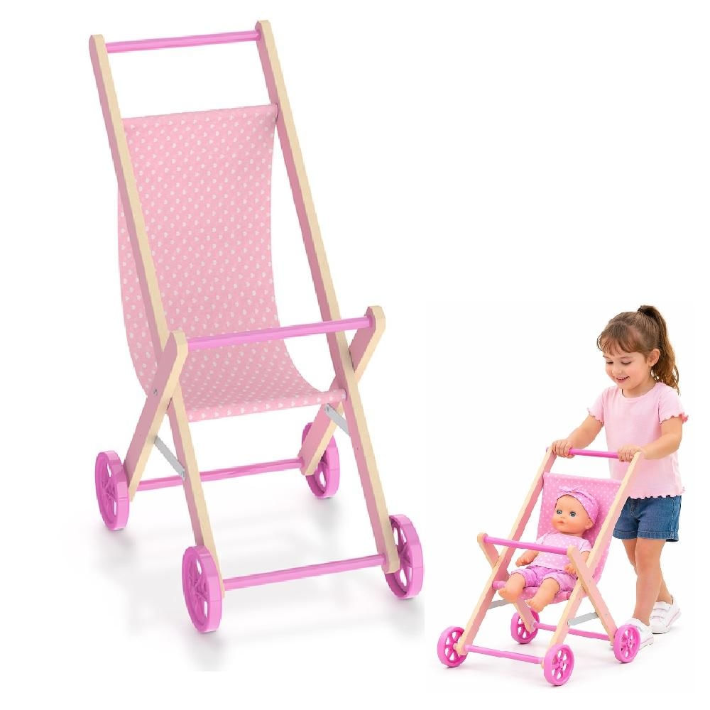 CARRINHO BONECA PASSEIO MADEIRA DOBRAVEL ROSA MDF BEBE REBORN INFANTIL PORTATIL