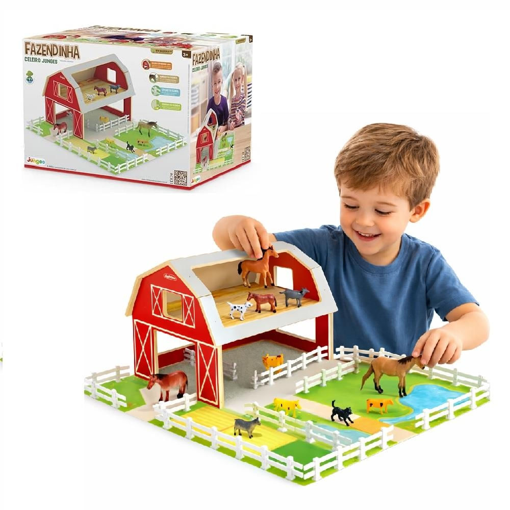 BRINQUEDO FAZENDA MADEIRA 10 ANIMAIS CELEIRO ESTABULO FAZENDINHA MDF EDUCATIVO PORTATIL