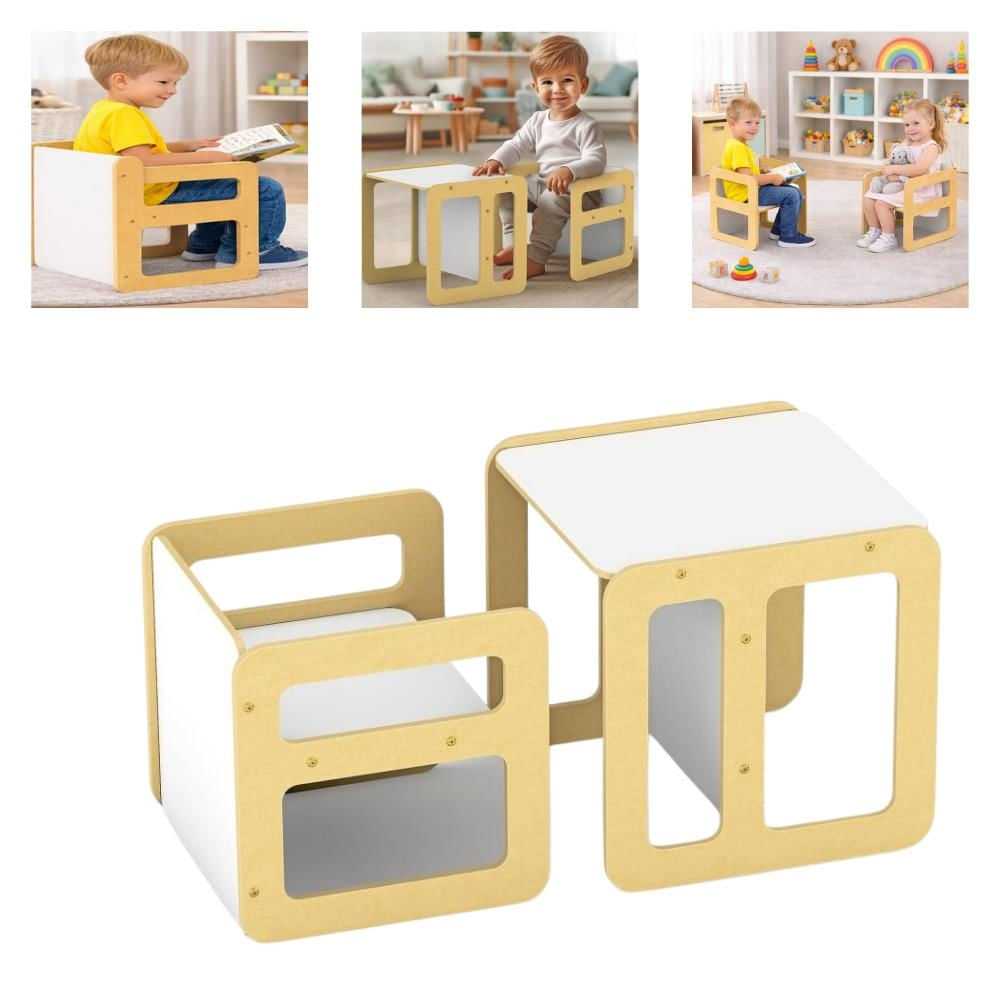CONJUNTO MESA CADEIRA INFANTIL MONTESSORI MADEIRA 2 EM 1 CUBO ENCAIXE MDF EDUCATIVO AUTONOMIA BEBE ESCOLA