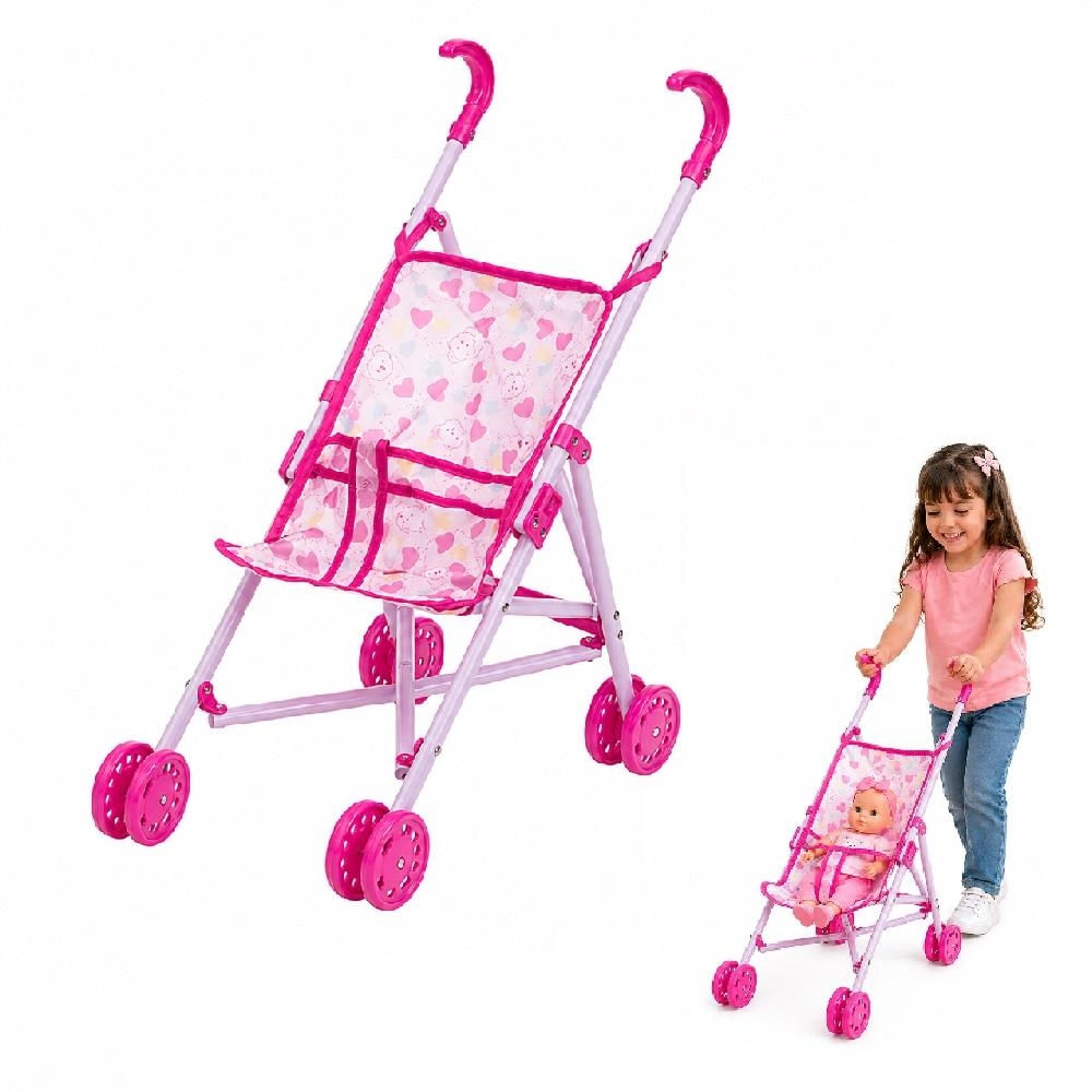 CARRINHO BONECA DOBRAVEL CARRO PASSEIO BEBE REBORN CADEIRINHA 4 RODAS BRINQUEDO ROSA MENINA PORTATIL