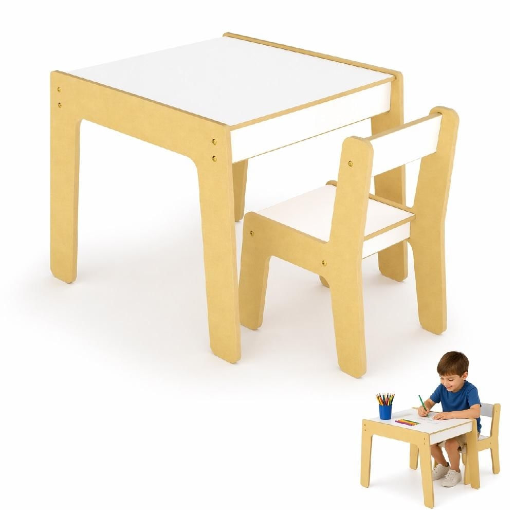KIT MESINHA CADEIRA INFANTIL MONTESSORI MADEIRA MDF ESTUDOS LANCHE BRINCADEIRA BRANCA