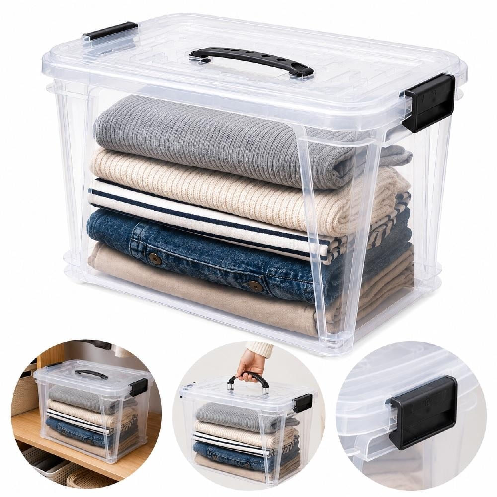 CAIXA ORGANIZADORA 16,5L TRANSPARENTE MULTIUSO COM TAMPA TRAVA ALCA FLEXIVEL PORTA OBJETOS ROUPAS BRINQUEDOS