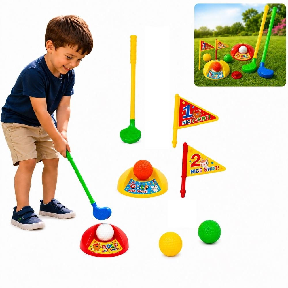 JOGO DE GOLFE INFANTIL COMPLETO 11 PEÇAS COM 2 TACOS BOLINHAS ALVO E BANDEIRAS EDUCATIVO
