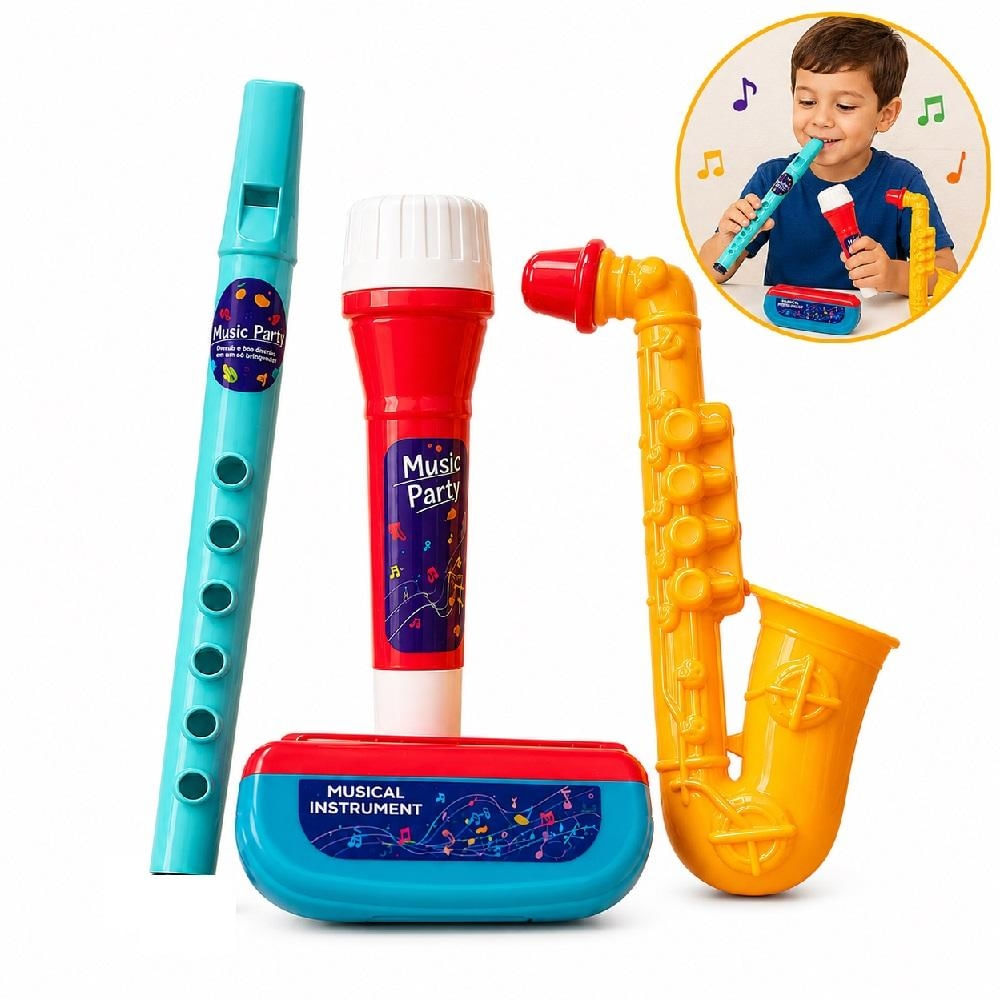 KIT INSTRUMENTOS MUSICAIS INFANTIL 4 PEÇAS TROMPETE MICROFONE FLAUTA GAITA EDUCATIVO JAZZ