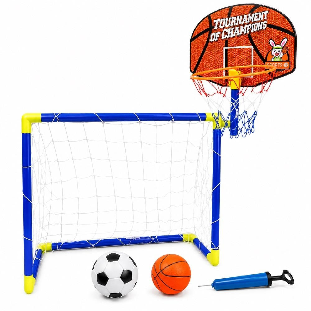 KIT TRAVE DE FUTEBOL E BASQUETE 2 EM 1 DESMONTÁVEL MINI GOL CESTA ARO COM 2 BOLAS BOMBA INFANTIL EDUCATIVO