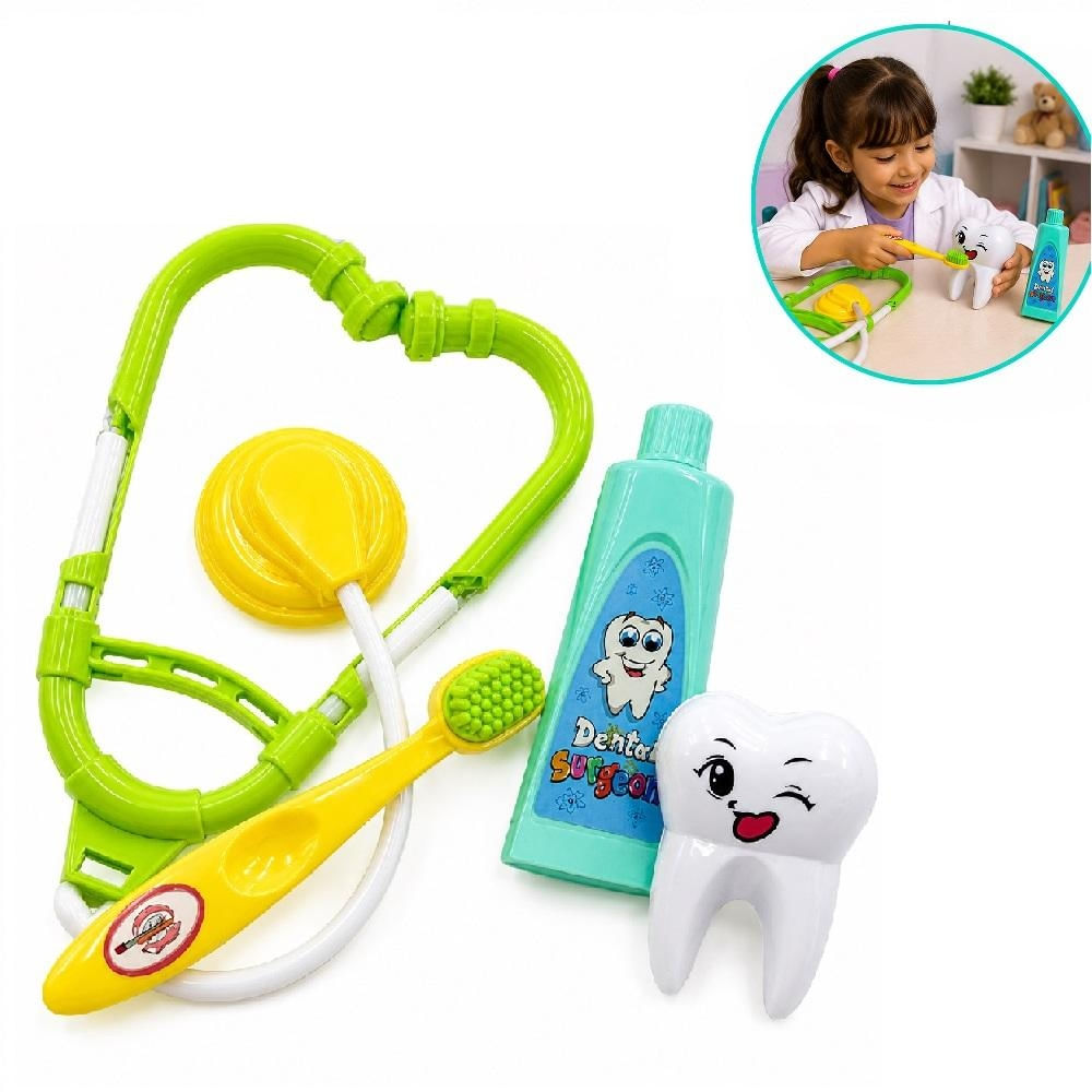 KIT DENTISTA INFANTIL 4 PEÇAS BRINQUEDO EDUCATIVO DOUTOR DENTISTA FAZ DE CONTA COM ESCOVA PASTA E ACESSÓRIOS