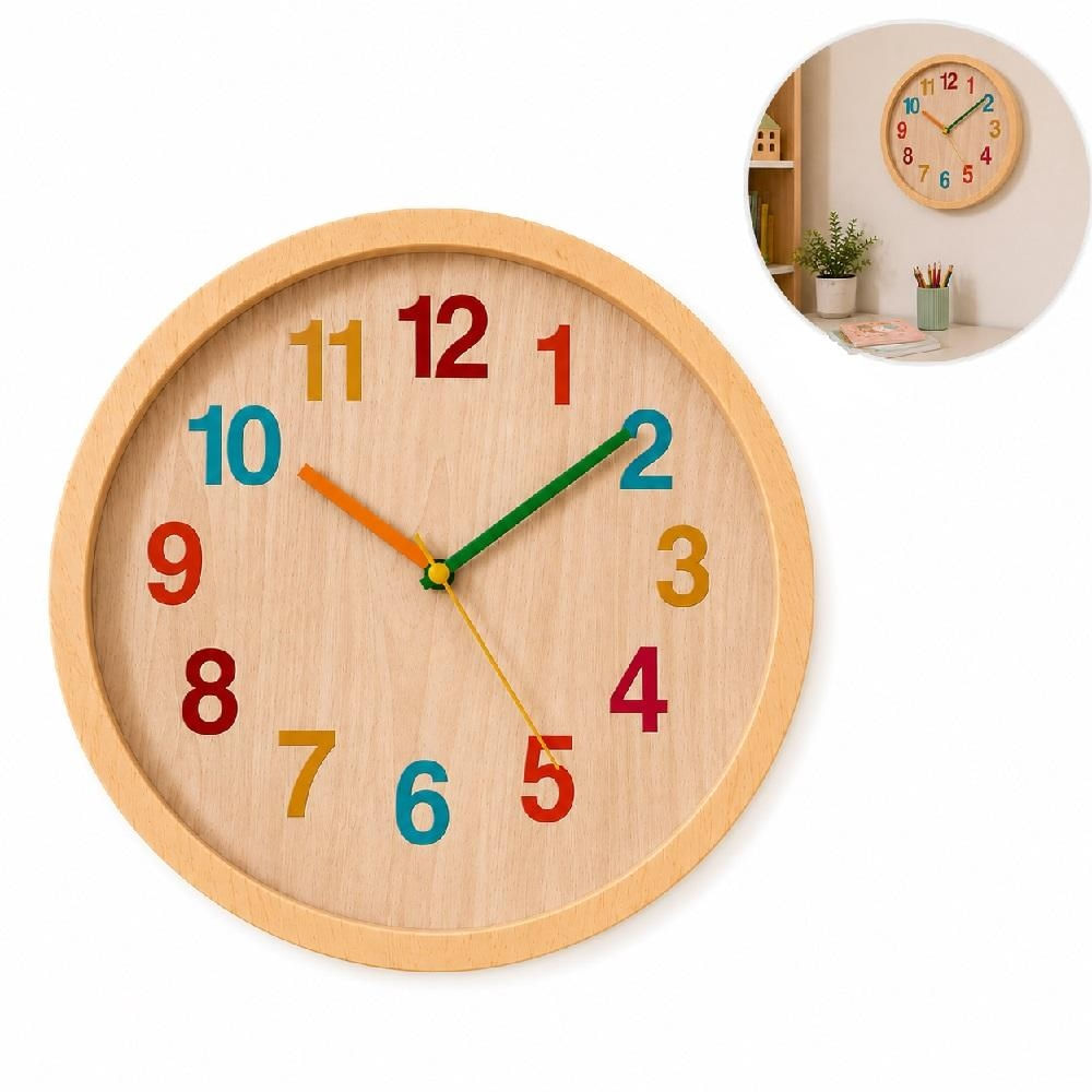 RELOGIO DE PAREDE INFANTIL 30CM ESTILO MADEIRA ANALOGICO SILENCIOSO COLORIDO DECORATIVO QUARTO ESCOLA LUXO