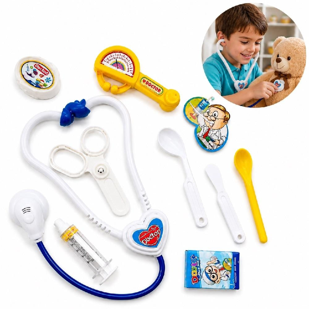 KIT MÉDICO INFANTIL 9 PEÇAS BRINQUEDO EDUCATIVO COMPLETO DOUTOR ENFERMEIRO NUTRICIONISTA ESTETOSCÓPIO FAZ DE CONTA