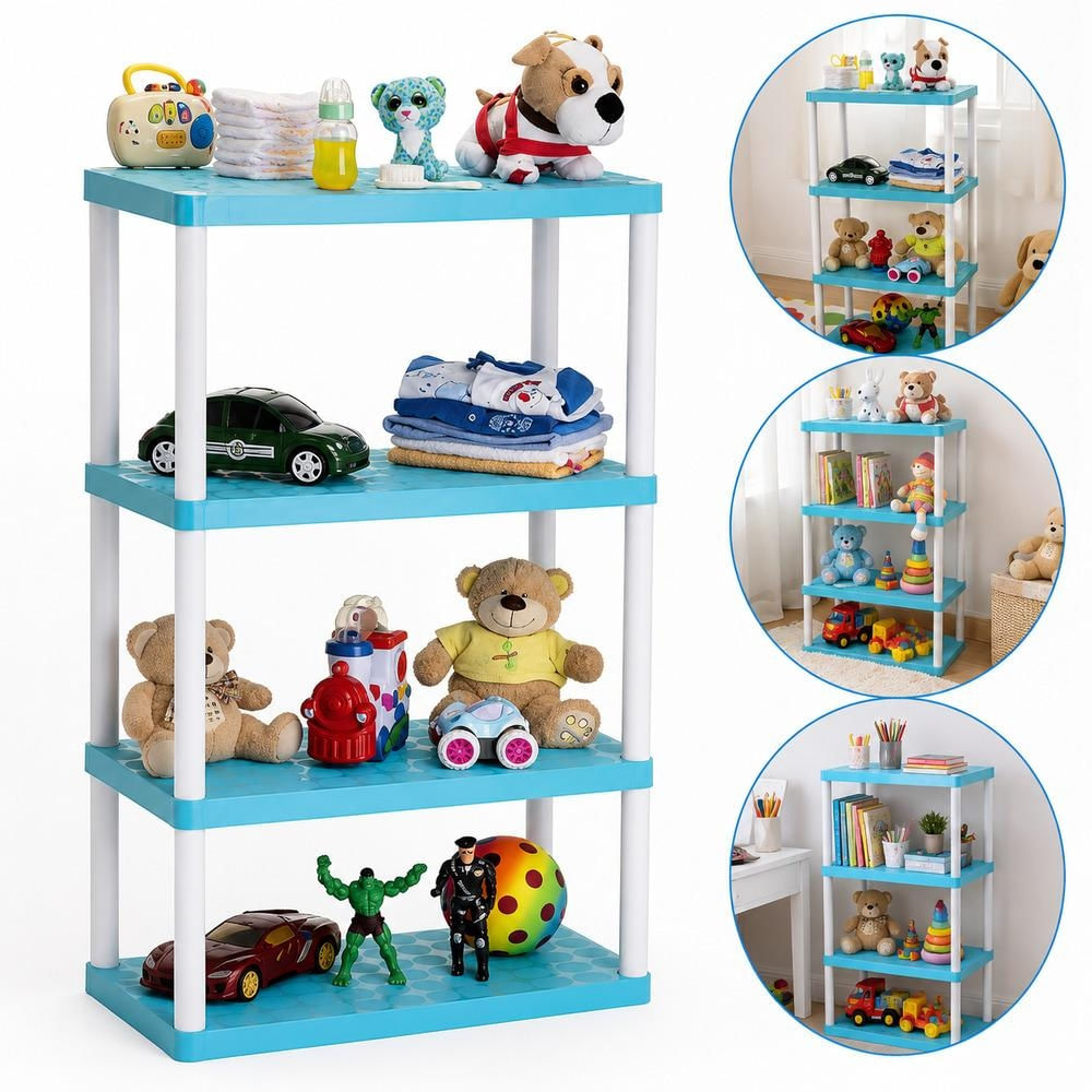 PRATELEIRA INFANTIL 4 ANDARES AZUL ESTANTE MODULAR ORGANIZADOR QUARTO BEBÊ BRINQUEDOS LIVROS ESCOLA LAVANDERIA MULTIUSO