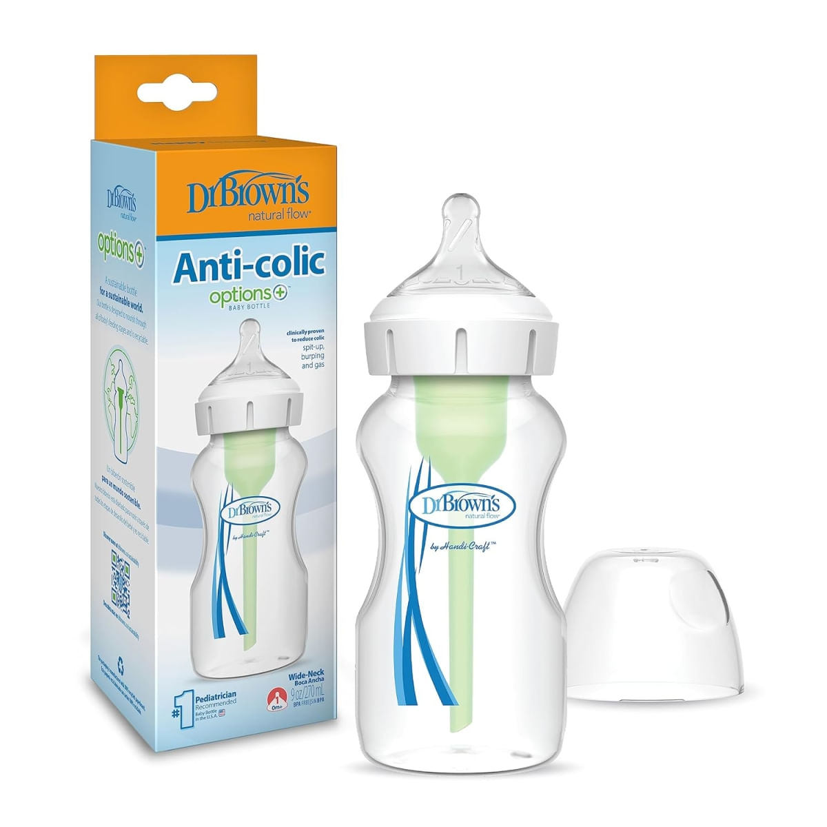 Mamadeira Dr. Brown's Natural Flow Options+ Anticólica 270ml Transparente – Bico Nível 1