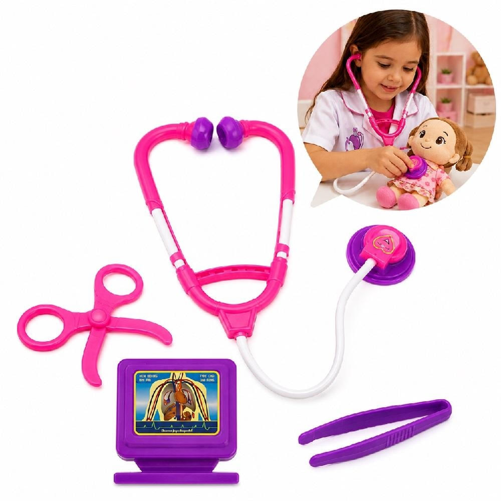 KIT MEDICO INFANTIL ROSA COMPLETO DOUTORA BRINQUEDO EDUCATIVO PARA MENINAS COM ESTETOSCOPIO RAIO X E ACESSORIOS MEDICOS