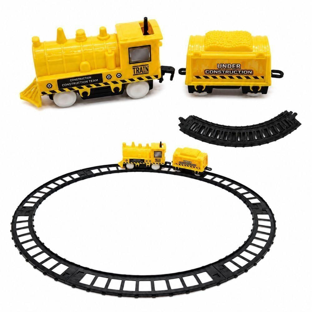 Trem de Construção Locomotiva e Vagão Funcionamento Motorizado com 6 Trilhos Amarelo Yeet