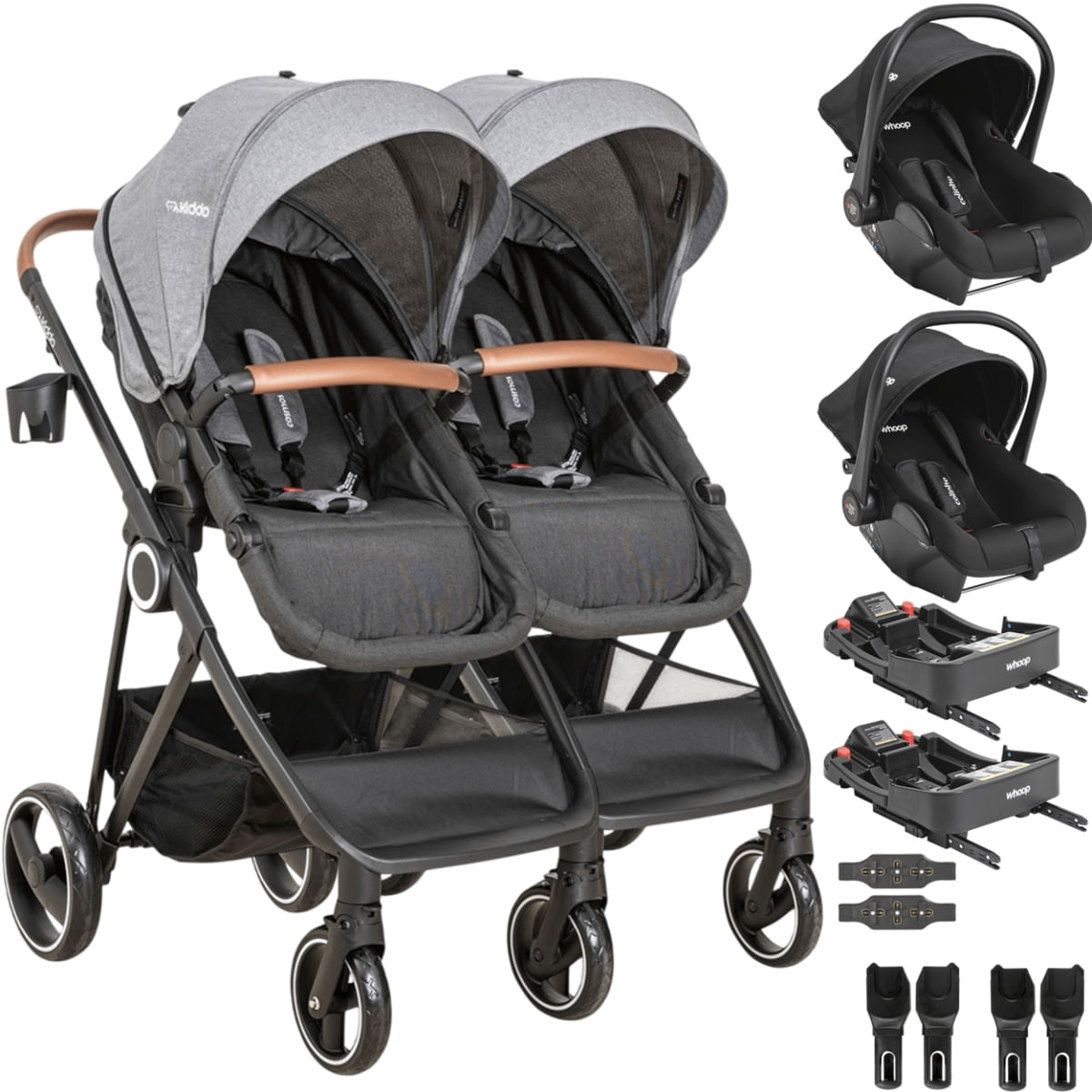 Carrinho Gemeos Kiddo 2 Bebe e 2 Base ISOFIX Colinho Cosmos Grafite