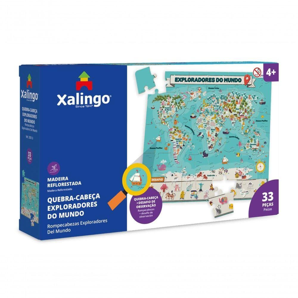 Quebra-cabeça Exploradores do Mundo 33 Peças Educativo em Madeira Reflorestada Azul Xalingo