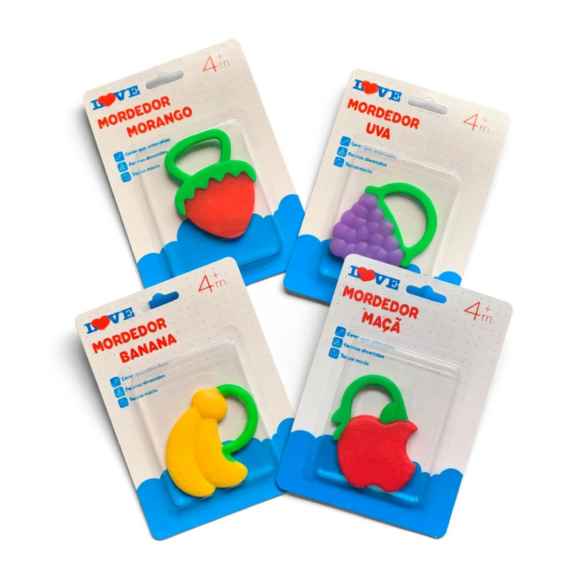 Kit Mordedor Bebê Silicone Frutas 4 Peças Sensorial Love