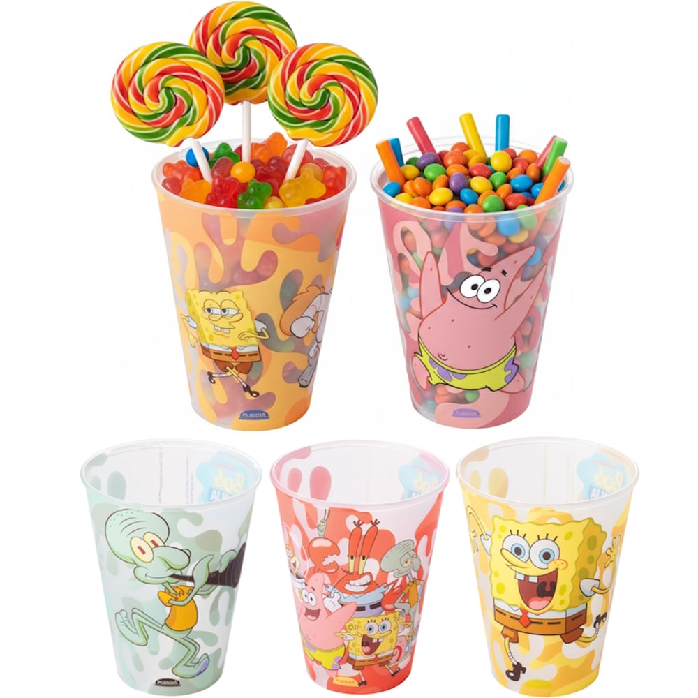 5 Copos Bob Esponja e Turma 320ml Festa Infantil Lembrancinha p/ Sacolinha Surpresa