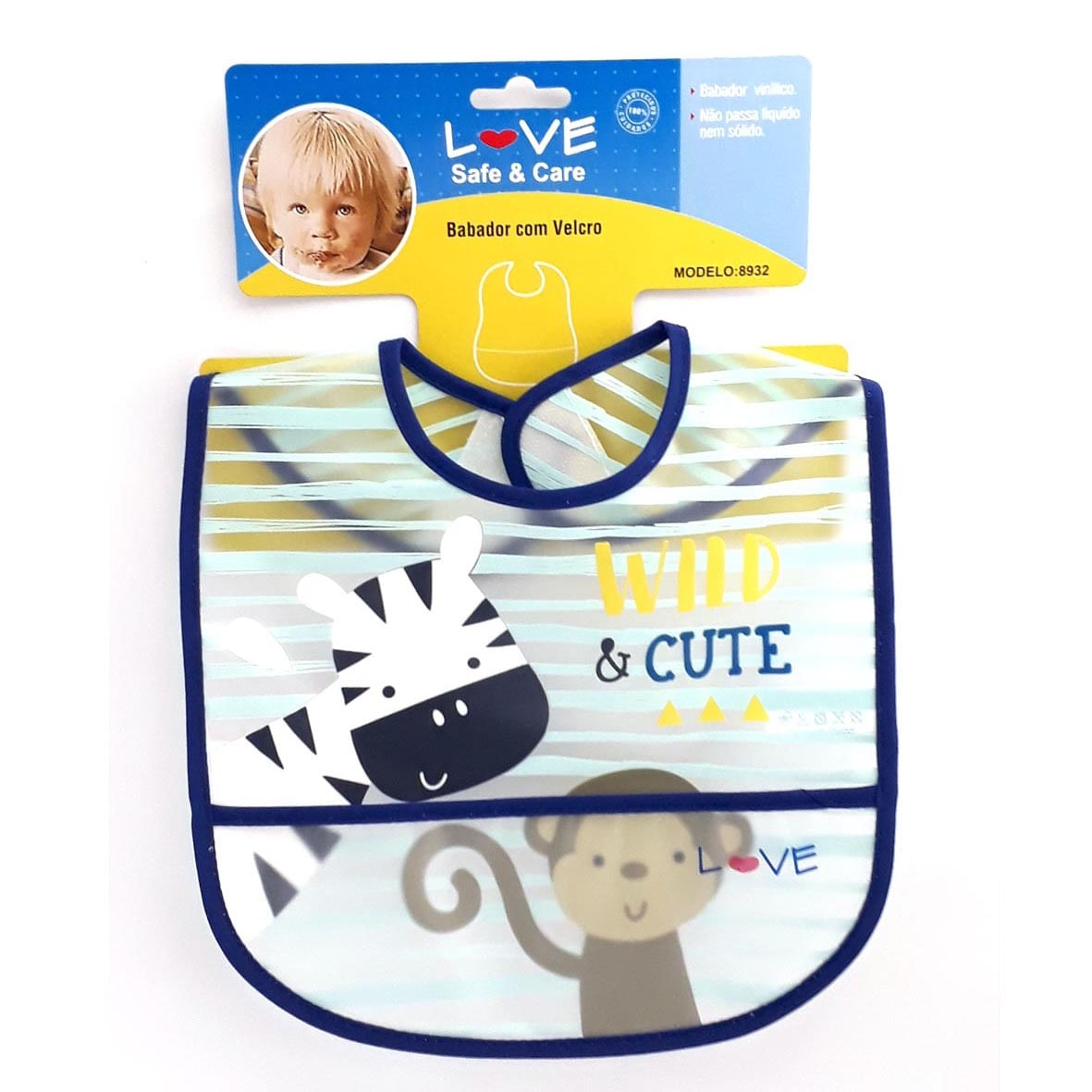 Babador Bebê Estampado Animais Da selva Com Bolso Azul Love