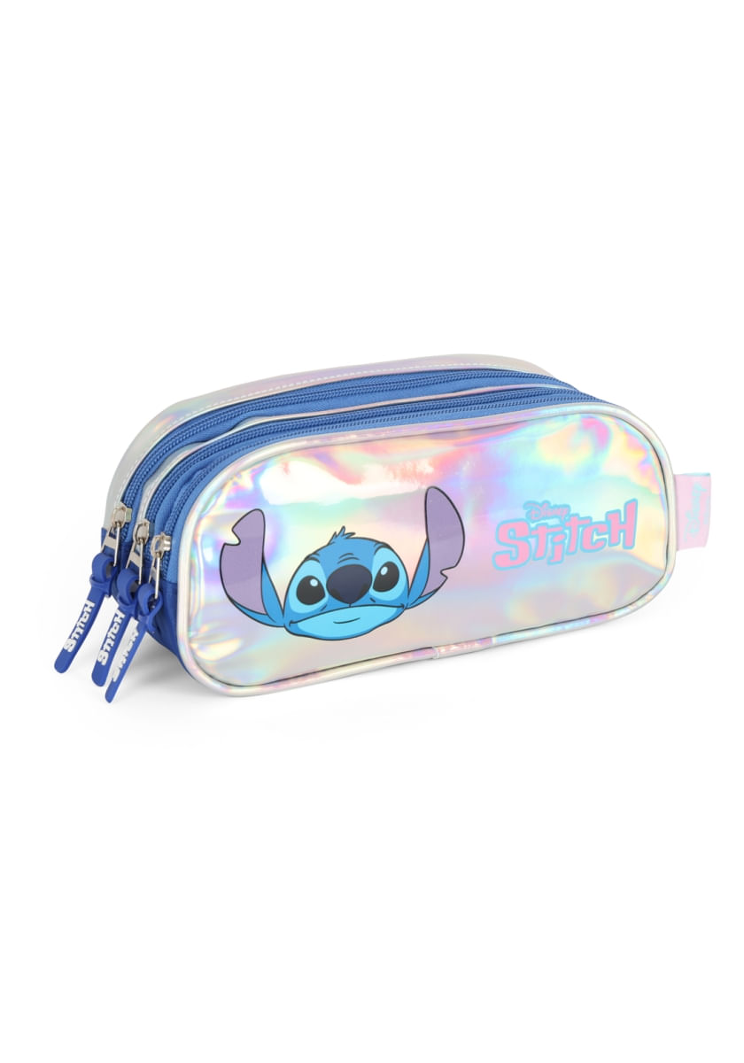 Estojo Escolar 3 Divisórias Stitch Holográfico Prata Luxcel