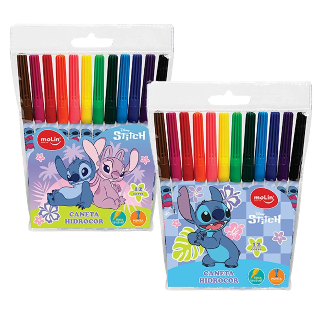 Kit 2 Un Canetinha Hidrocor 12 cores Stitch Disney - Molin