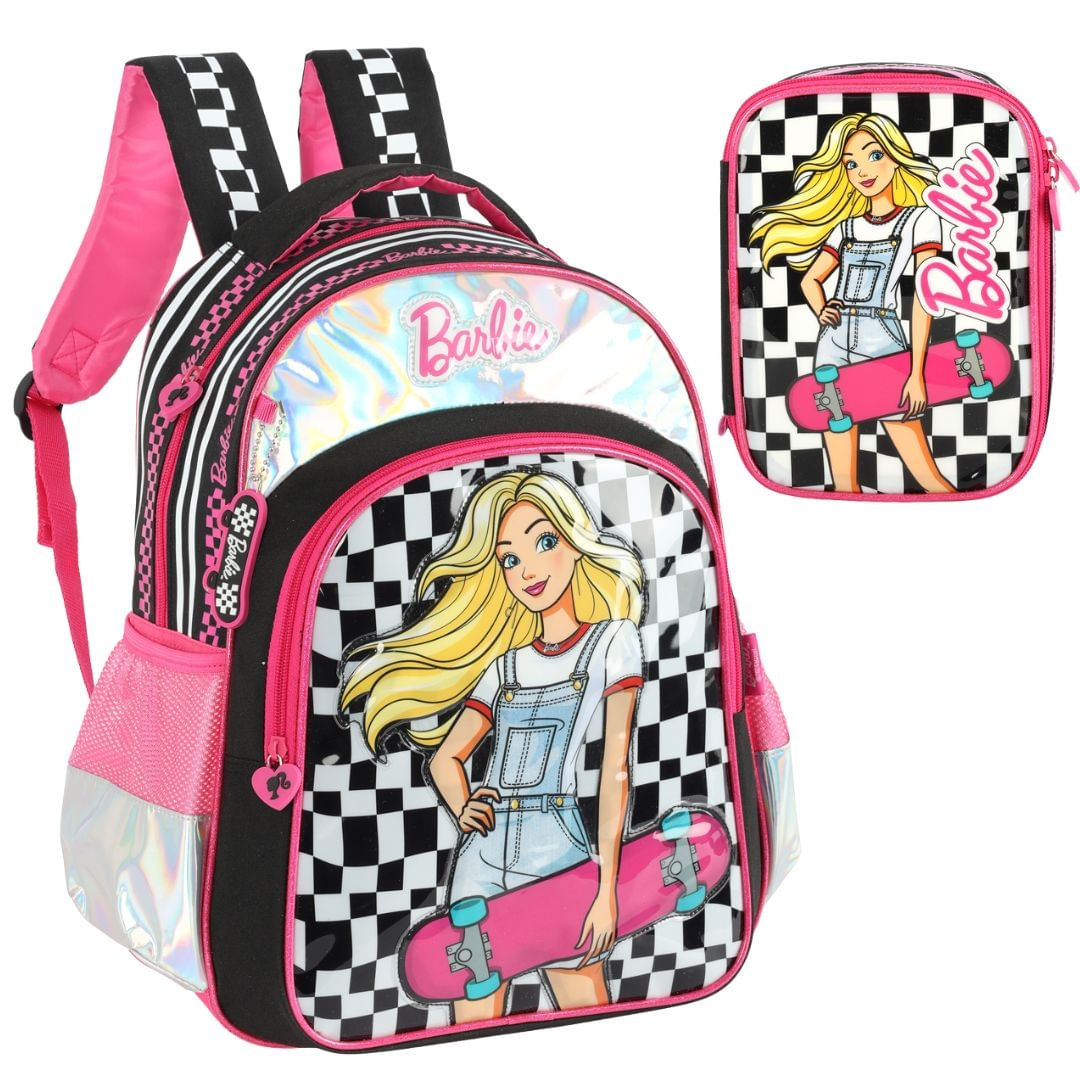 Kit Mochila Escolar Costas + Estojo Box Barbie Skate Luxcel