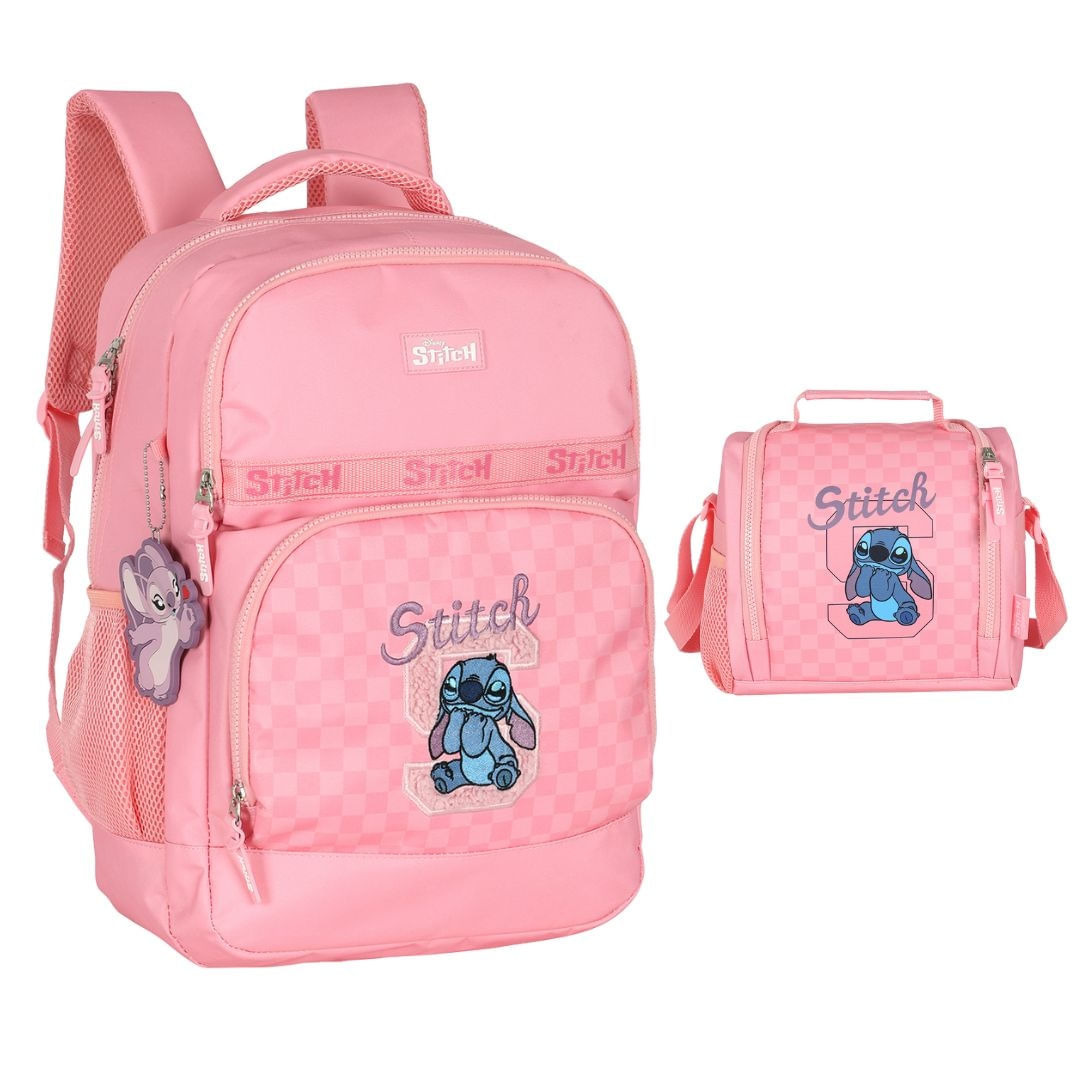 Kit Mochila de Costas e Lancheira Stitch Kisses Rosa - Luxcel
